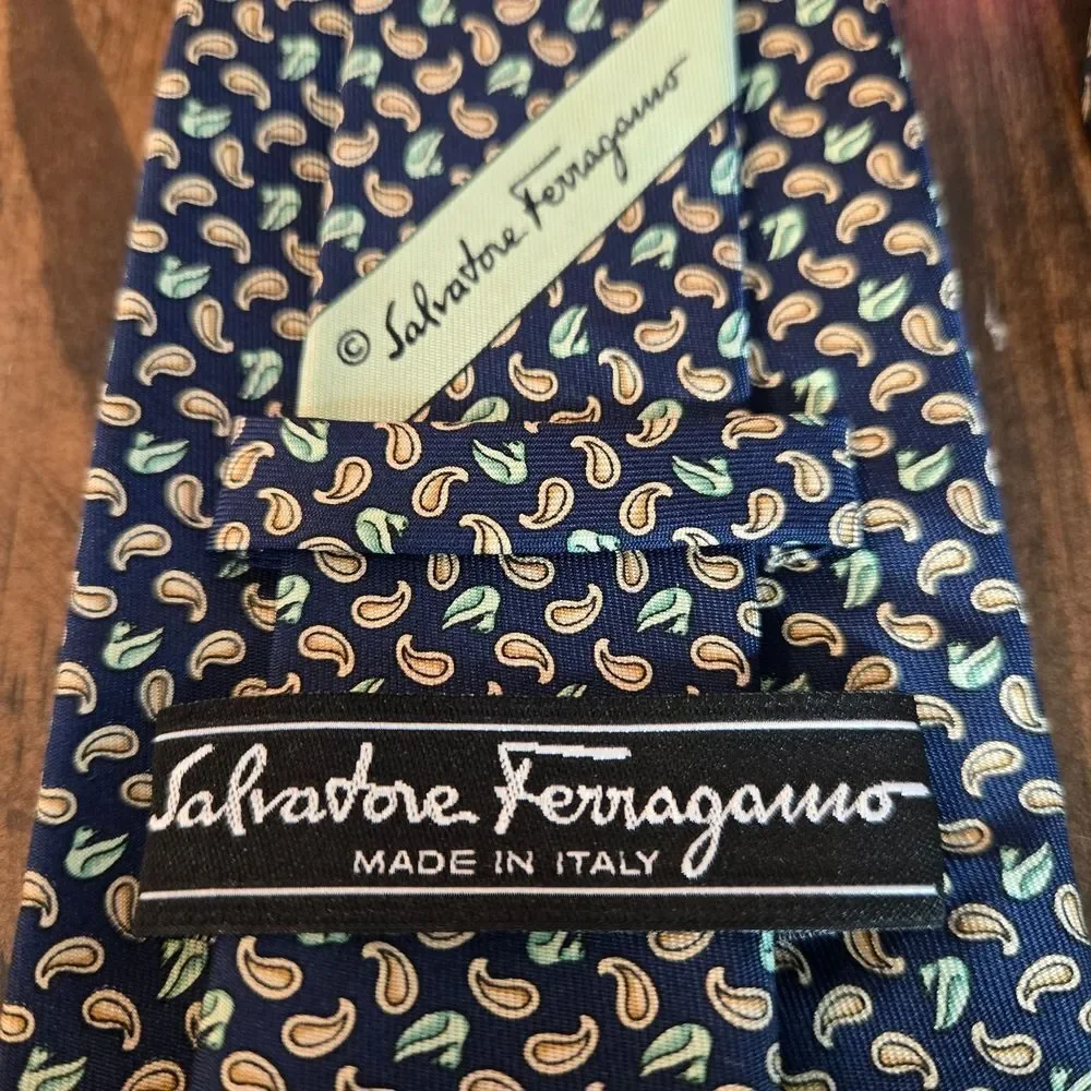 Salvatore Ferragamo Navy and Green Paisley Tie - Picture 2 of 2